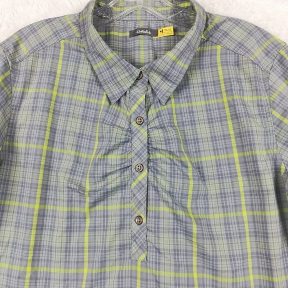 Cabelas Womens Shirt Button Down Blue Gray Plaid Long Sleeve Collar Round Hem XL - Picture 7 of 10